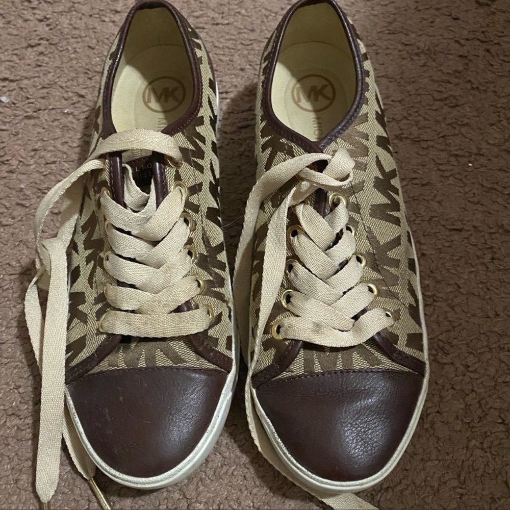 Michael Kors Brown and Beige Signature Lace Up Low Sneakers